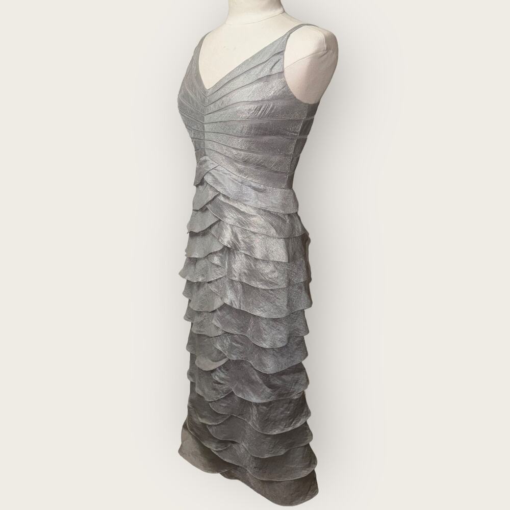Vintage 90s Adrianna Papell Silver Chiffon Layered Ruffled Midi Dress, Medium